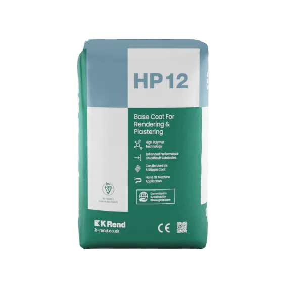 A bag of K Rend HP12 Base Coat for rendering and plastering, shown on a clean white background with a soft shadow.