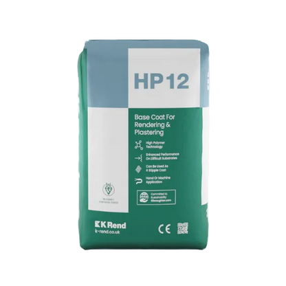 A bag of K Rend HP12 Base Coat for rendering and plastering, shown on a clean white background with a soft shadow.
