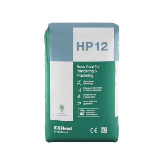 A bag of K Rend HP12 Base Coat for rendering and plastering, shown on a clean white background with a soft shadow.