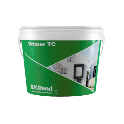 A white plastic bucket of KKRend Primer TC silicone coloured renders, featuring a green and white label with a rendering sample of a house.