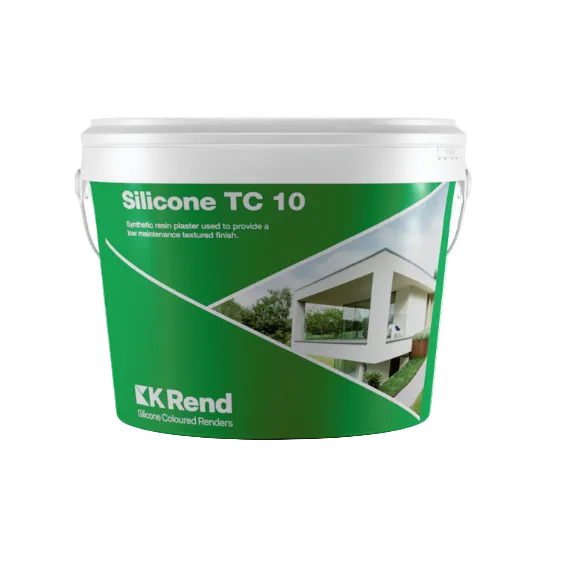 A white plastic bucket of K Rend Silicone TC 10 stone coloured render, featuring a green label with a render image of a modern house.
