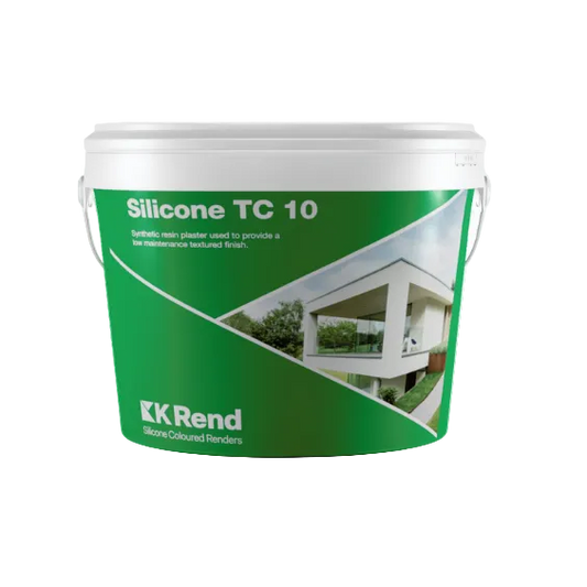 A white plastic bucket of K Rend Silicone TC 10 stone coloured render, featuring a green label with a render image of a modern house.