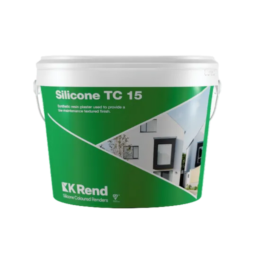 A white plastic bucket of KRend Silicone TC 15 synthetic rain plaster, featuring a green and white label with a render of a modern house.